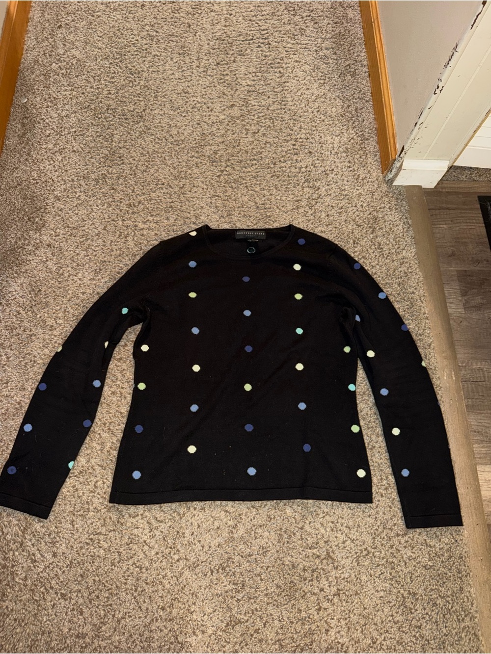 Geoffrey Beene Black Crewneck Sweater with Blue and Mint Polka Dots